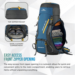 Aerostrike 70L Trekking Bag with Laptop Compartment & Rain Cover, ideal for Hiking - Englishblue