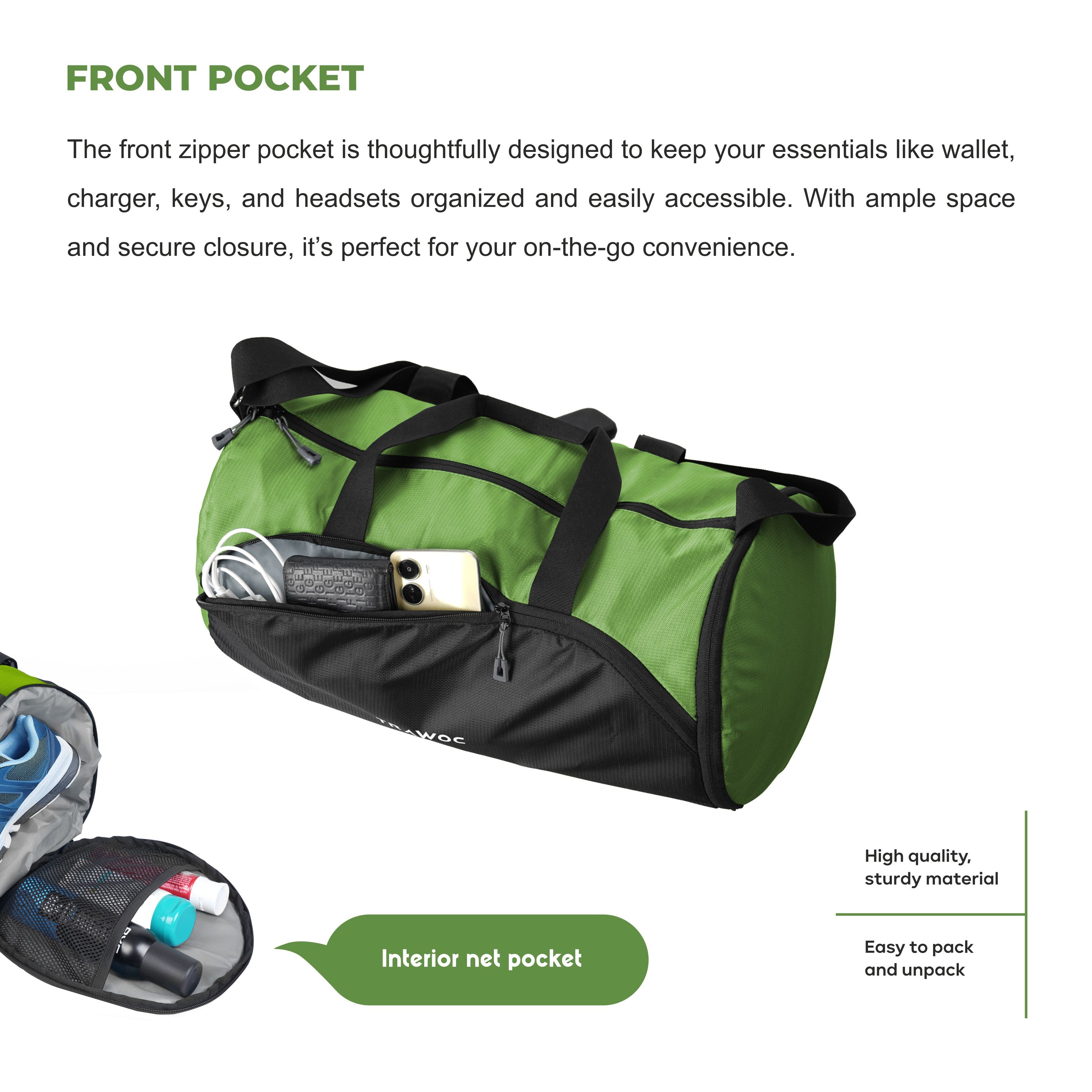 TMPB02 - 30L Gym, Sports & Travel Duffle , Unisex Duffel Bag with Shoe Compartment - Green