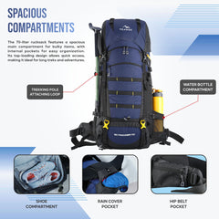 Skyranger 70 L Rucksack for Hiking & Travel with Ergonomic Shoulder Straps & Internal metal frame - NavyBlue