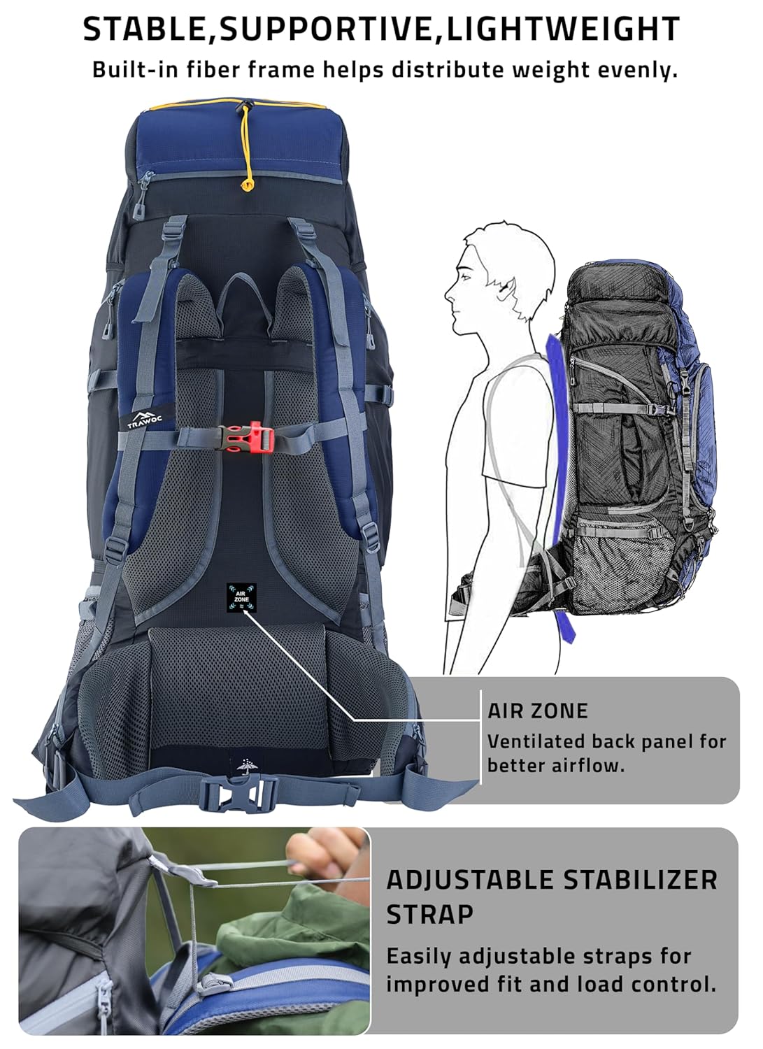 Valor Max 75 L Backpack with Ergonomic Shoulder Straps & Shoe Compartment - Navy Blue