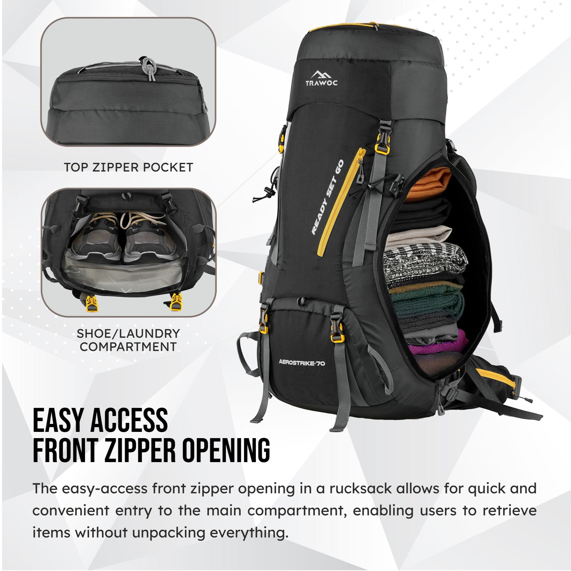 Aerostrike 70L Trekking Bag with Laptop Compartment & Rain Cover, ideal for Hiking - Black
