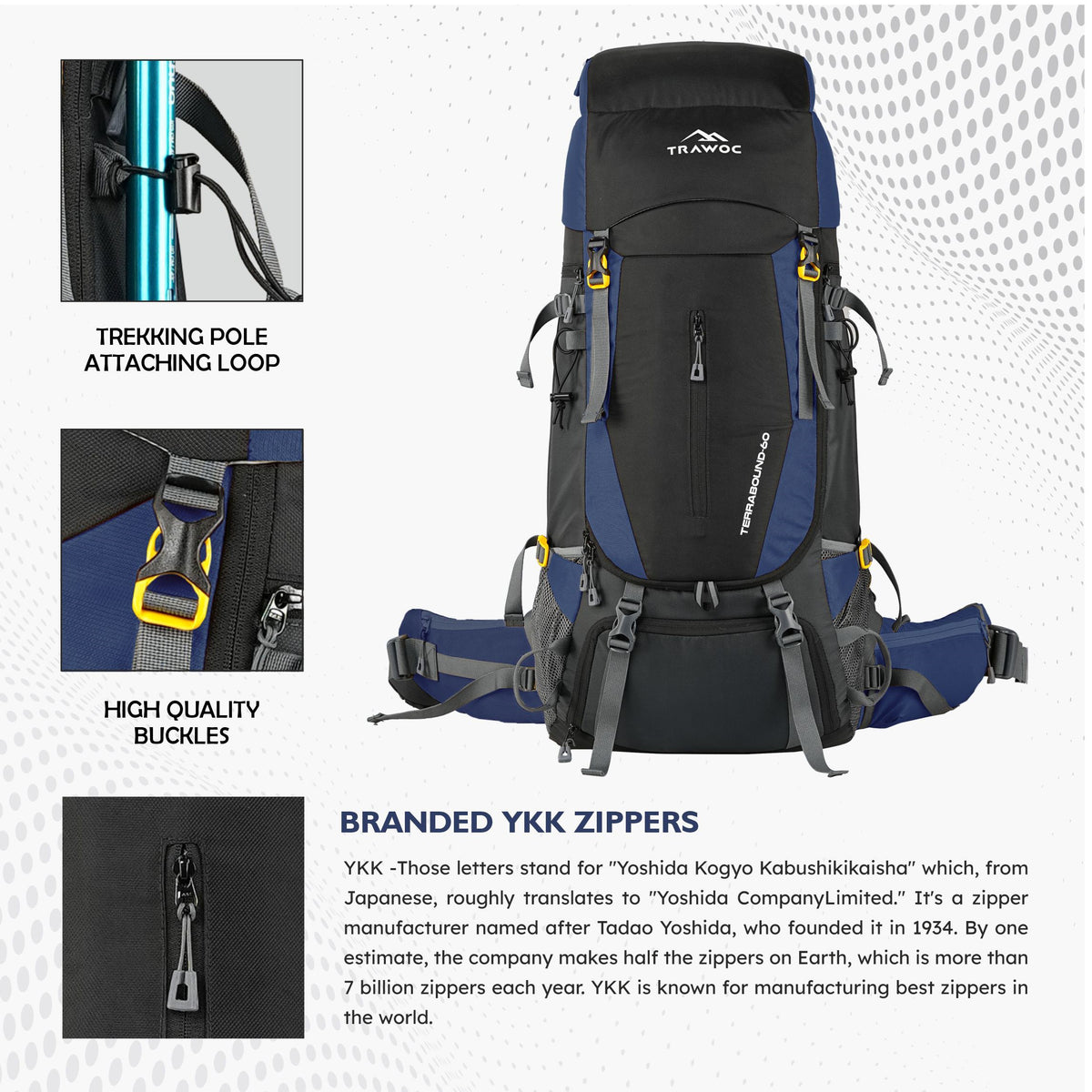 Terrabound 60 L Rucksack featuring Shoe Compartment & Durable Zippers - Navy Blue