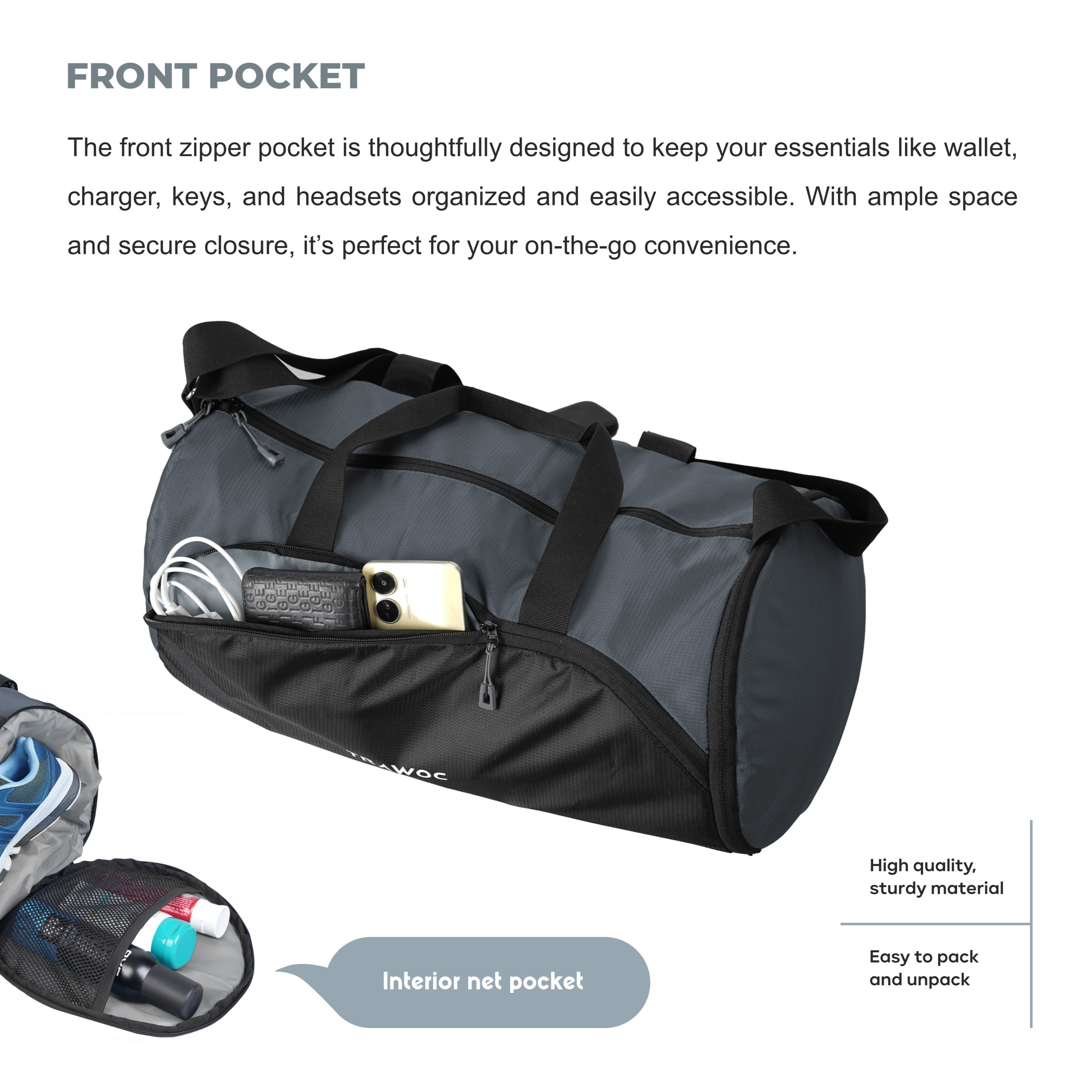 TMPB02 - 30L Gym, Sports & Travel Duffle , Unisex Duffel Bag with Shoe Compartment - Grey