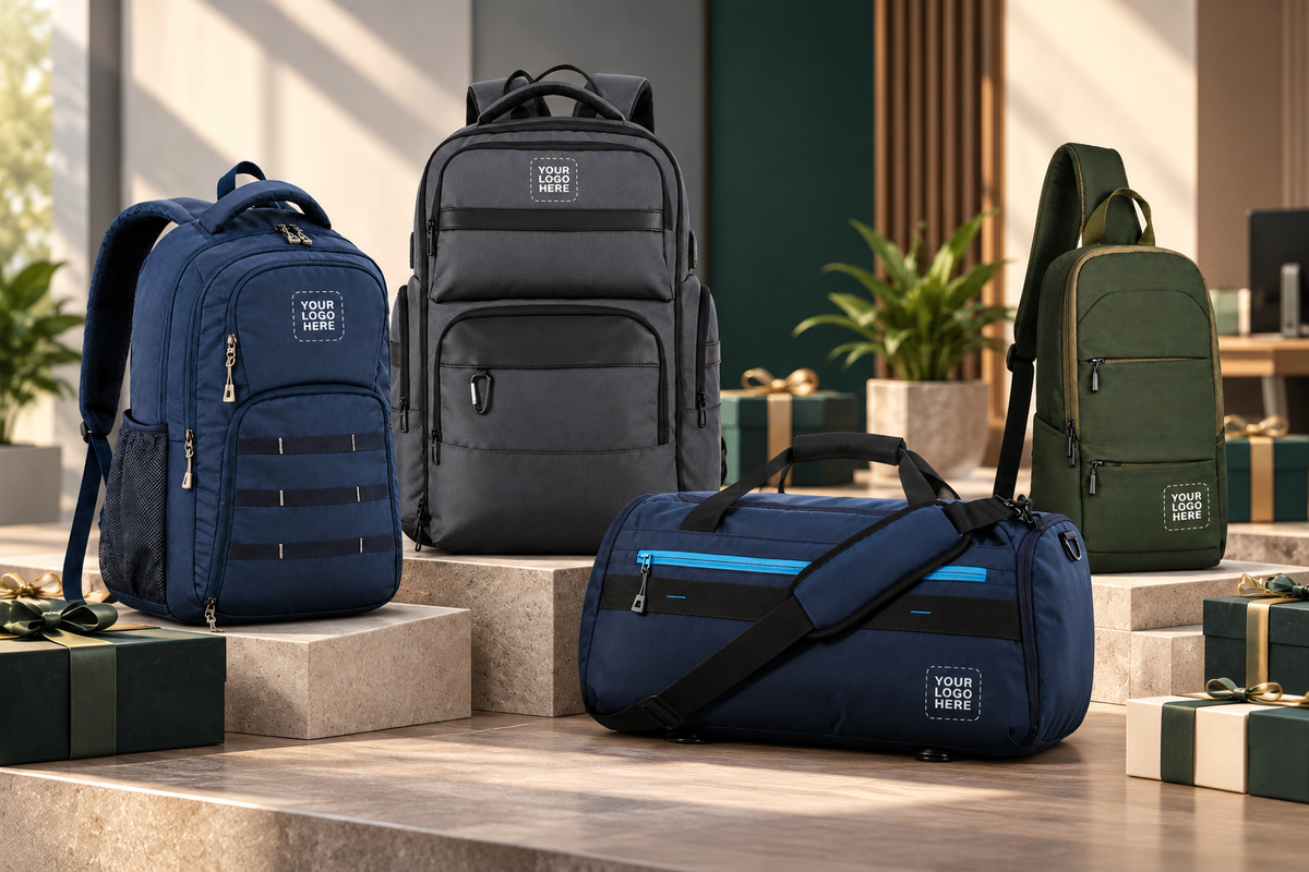 TRAWOC branded corporate gift backpacks and duffel bags with custom logo