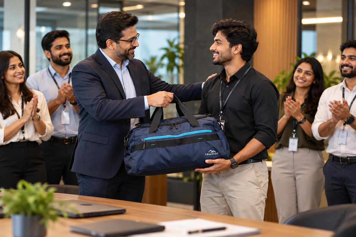Manager presenting a TRAWOC branded bag to an employee as a corporate gift