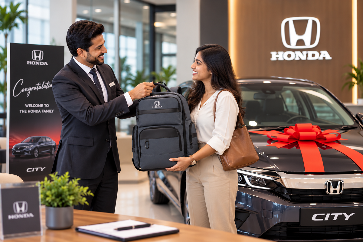 Client receiving a branded TRAWOC backpack as a corporate gift