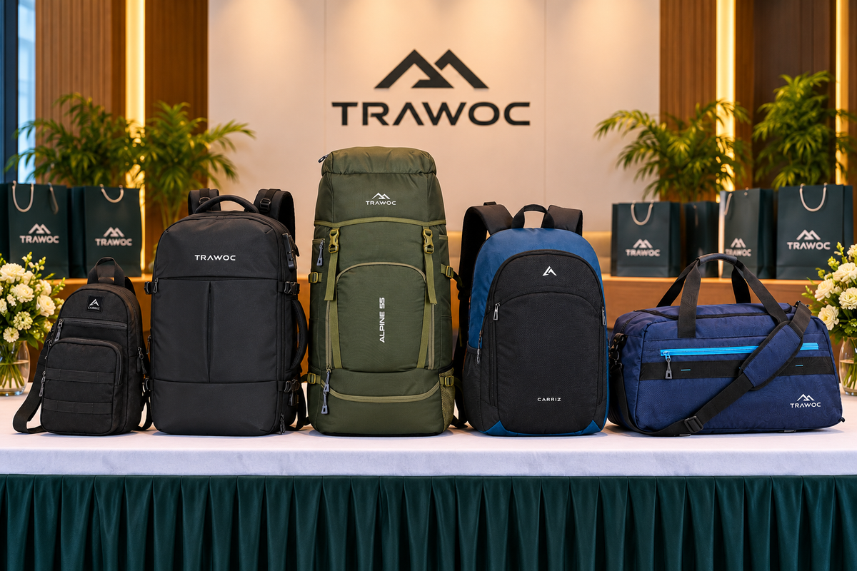 TRAWOC backpacks and duffel bags displayed for corporate event giveaways
