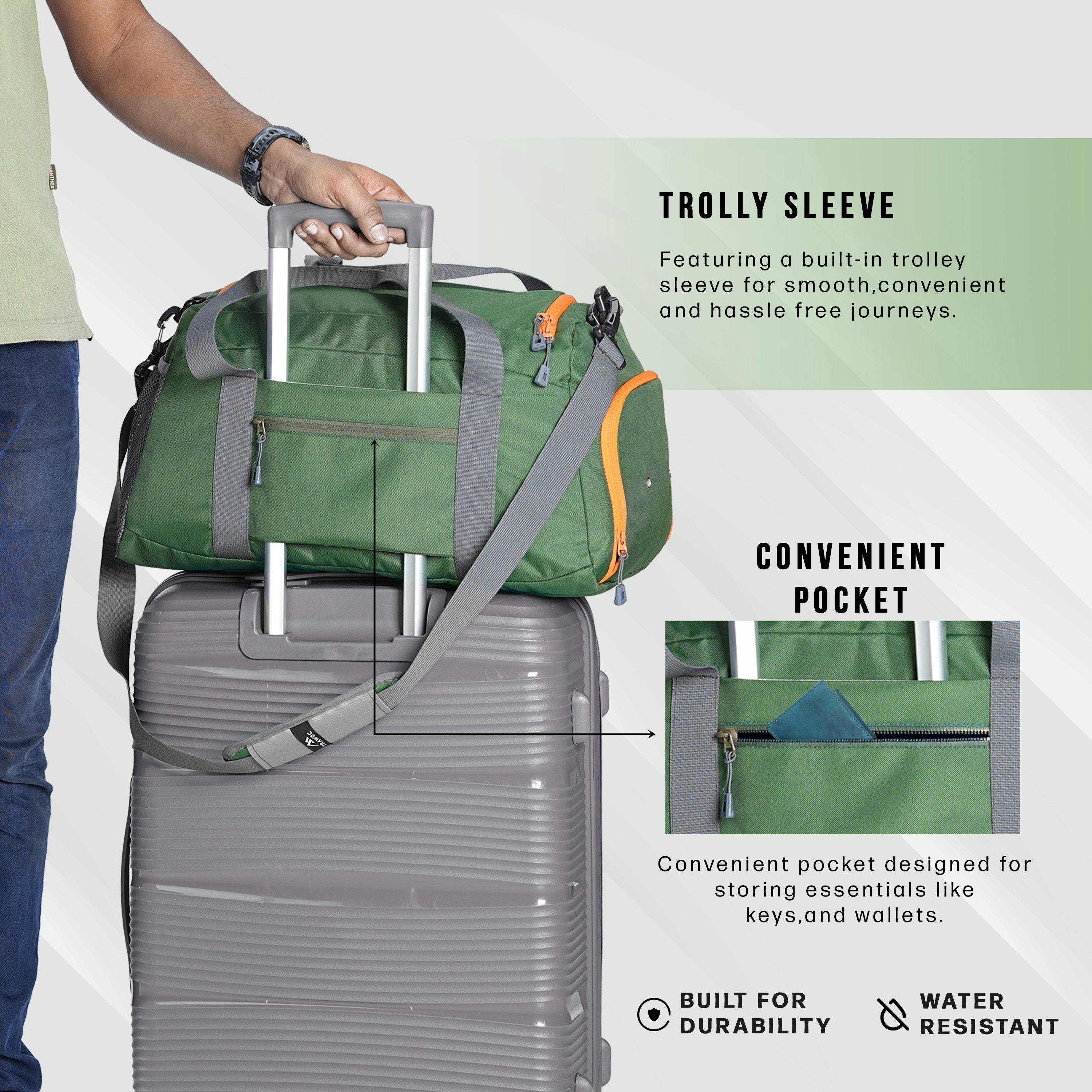 TMPB01 - 40L Duffle Bag, Travel Weekender Bag for men & women with Shoe Compartment, Water-Resistant - Green