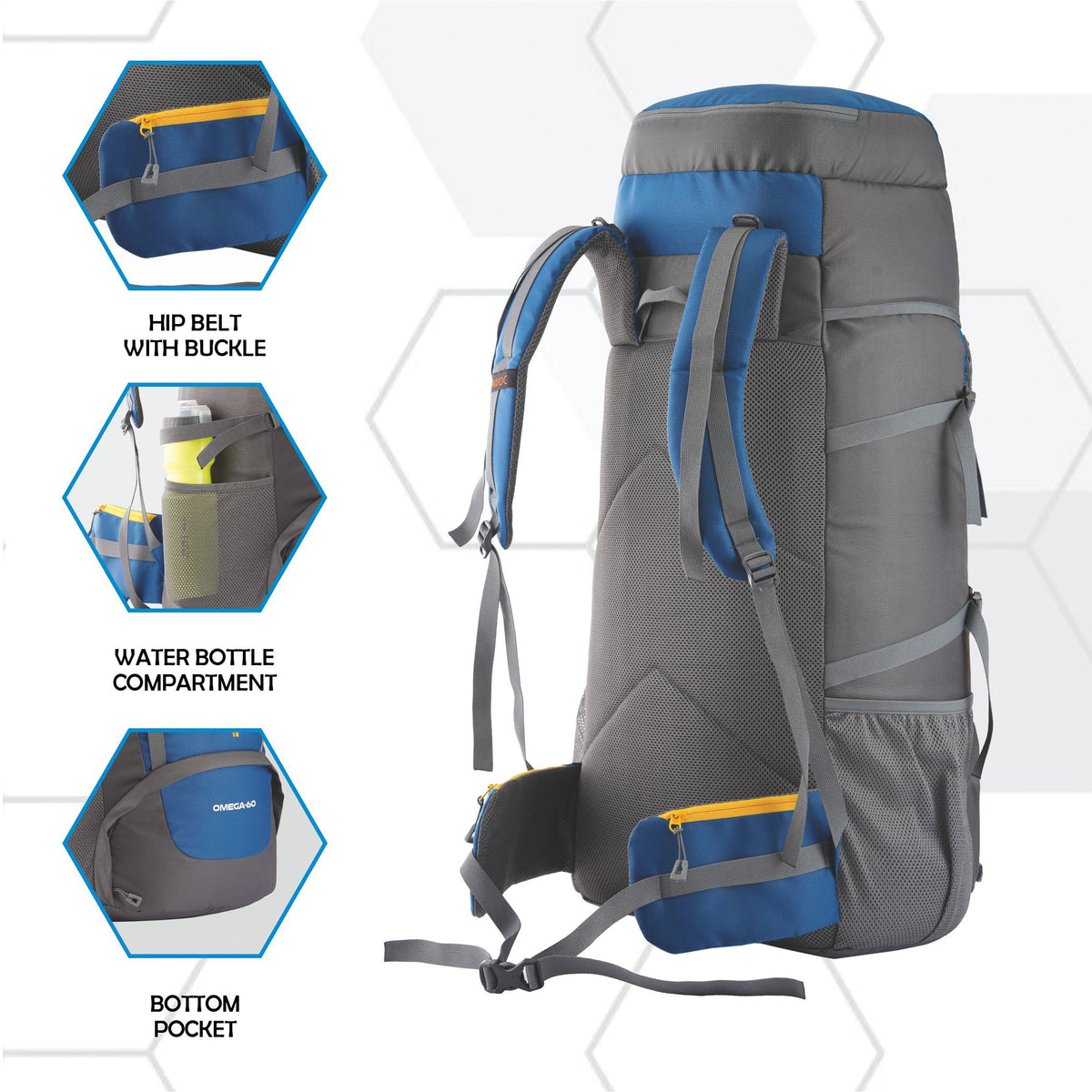Omega 60 L Backpack with Lightweight Build & with Ergonomic Shoulder Strap - Blue