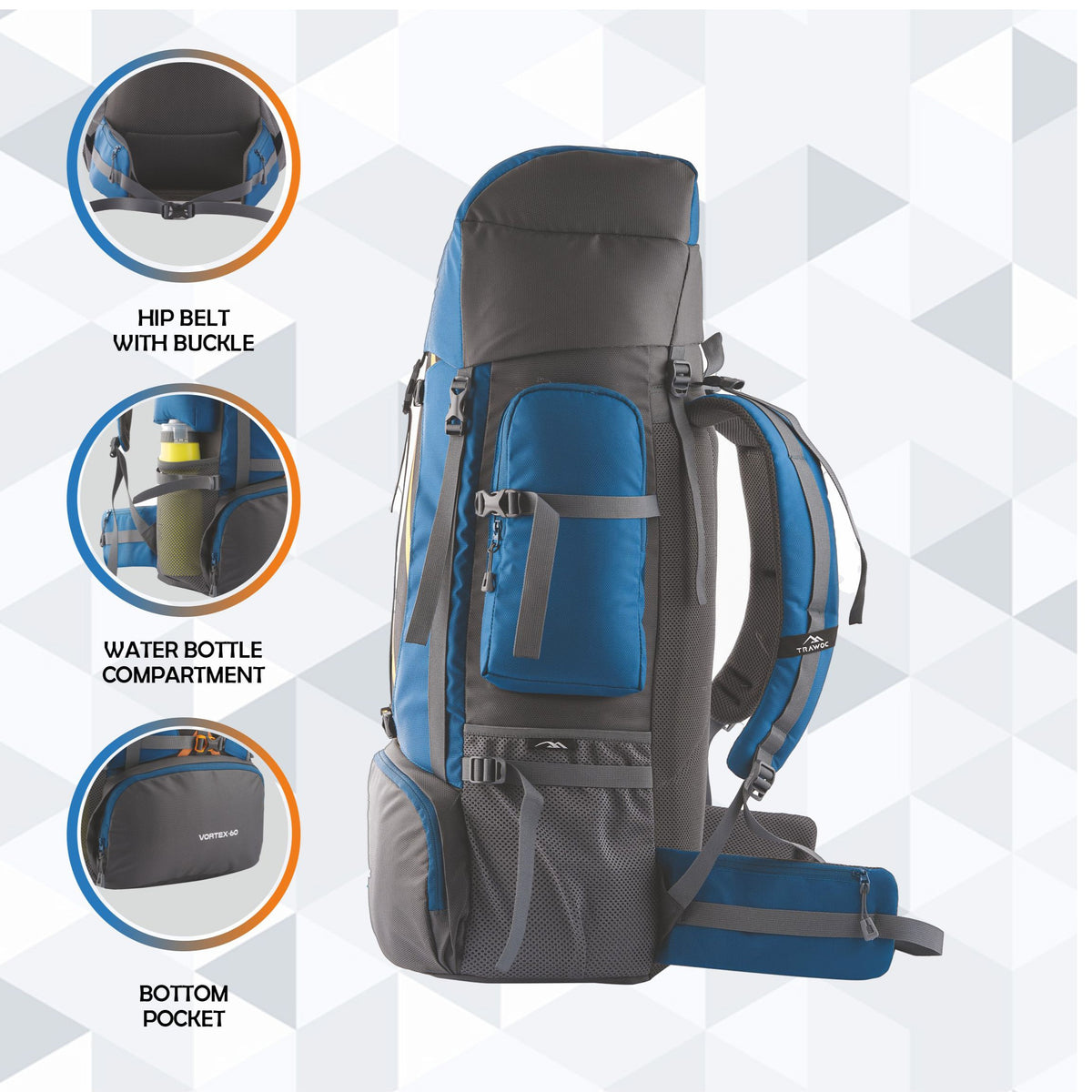 Vortex 60 L Travel Backpack with Laptop Compartment & Durable Zippers - English Blue