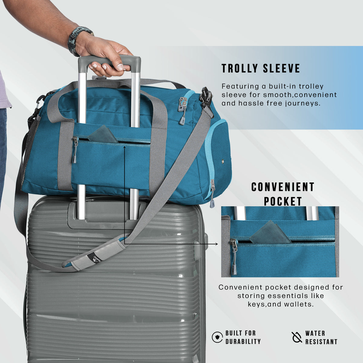 TMPB01 - 40L Duffle Bag, Travel Weekender Bag for men & women with Shoe Compartment, Water-Resistant - English Blue