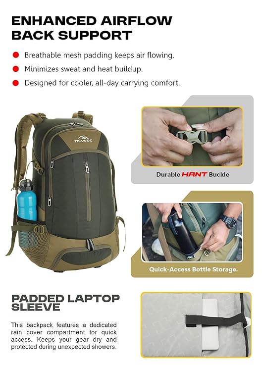 FALCON 40 l Travel Laptop Backpack for Men and Women with Rain Cover - Olive Green