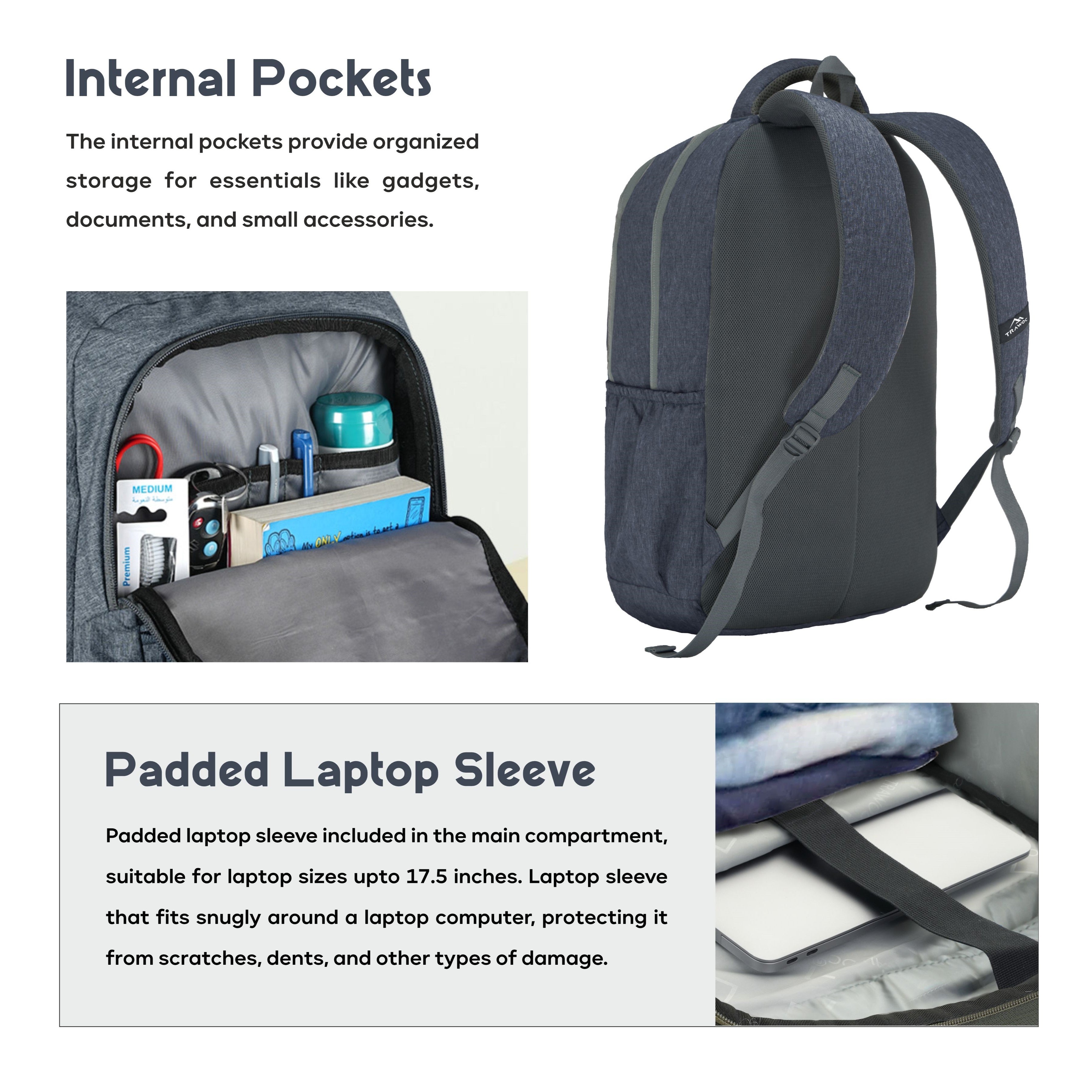 TPB04 30L Laptop Backpack-Ash Blue |Water Resistant, USB Charging Port, Padded Laptop Compartment