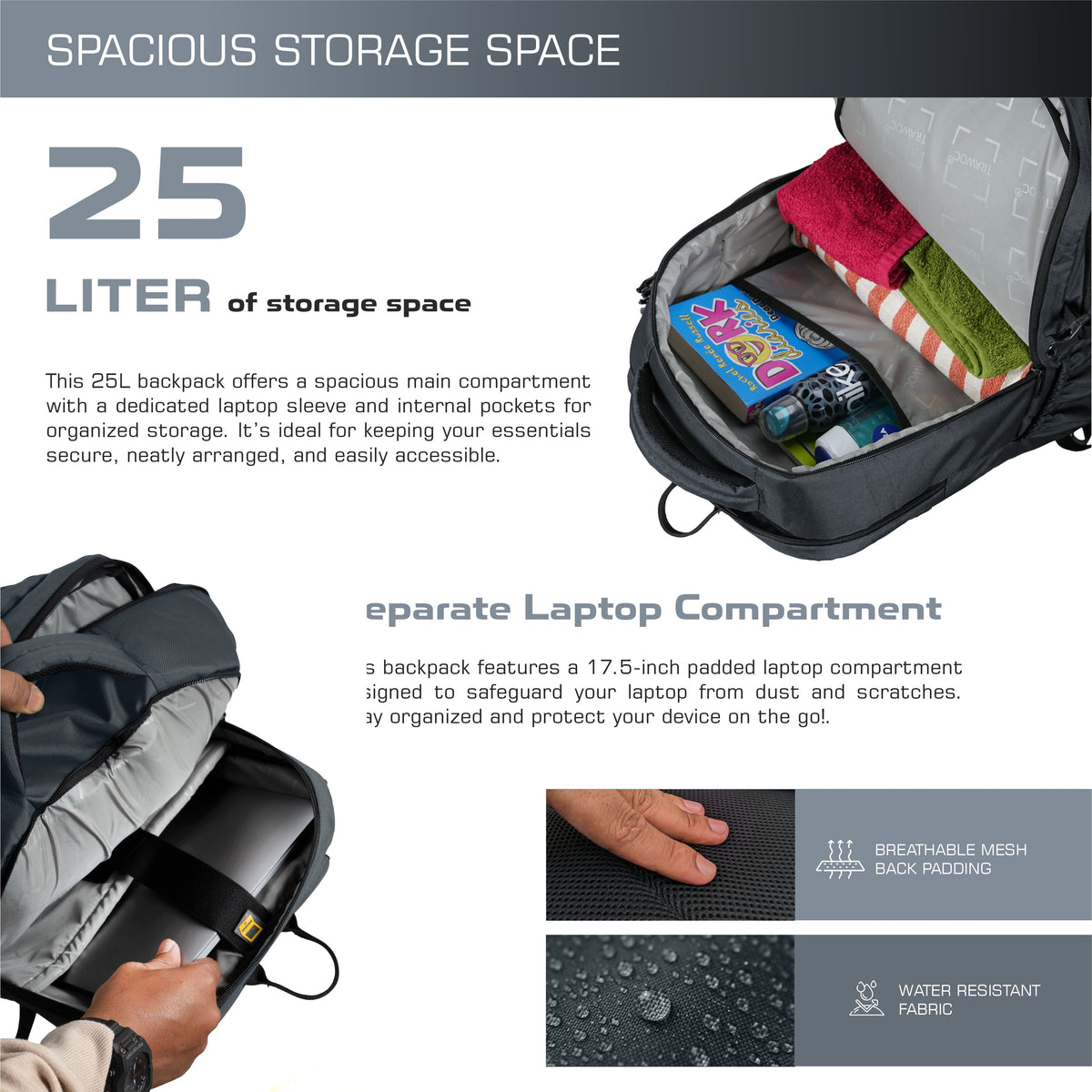 TPB02 - 25L Laptop Backpack with USB Charging Port for Men & Women - Grey