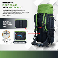 Aerofit 60L Rucksack with Multi-Pocket Design &  Laptop Compartment, ideal for Hiking - Green