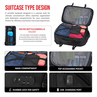 TPB01- 45L Laptop Bag with Anti-Theft Lock, Expandable Storage, USB Charging, Suitcase-Style Opening - Black