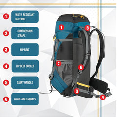 TREKELITE 60L  Backpack Hiking Trekking  Rucksack  with Water Proof Rain Cover - EnglishBlue