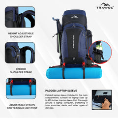 Globetrotter 80 L Trekking Bag with Rain Cover, Shoe section & internal metal frame - Navyblue