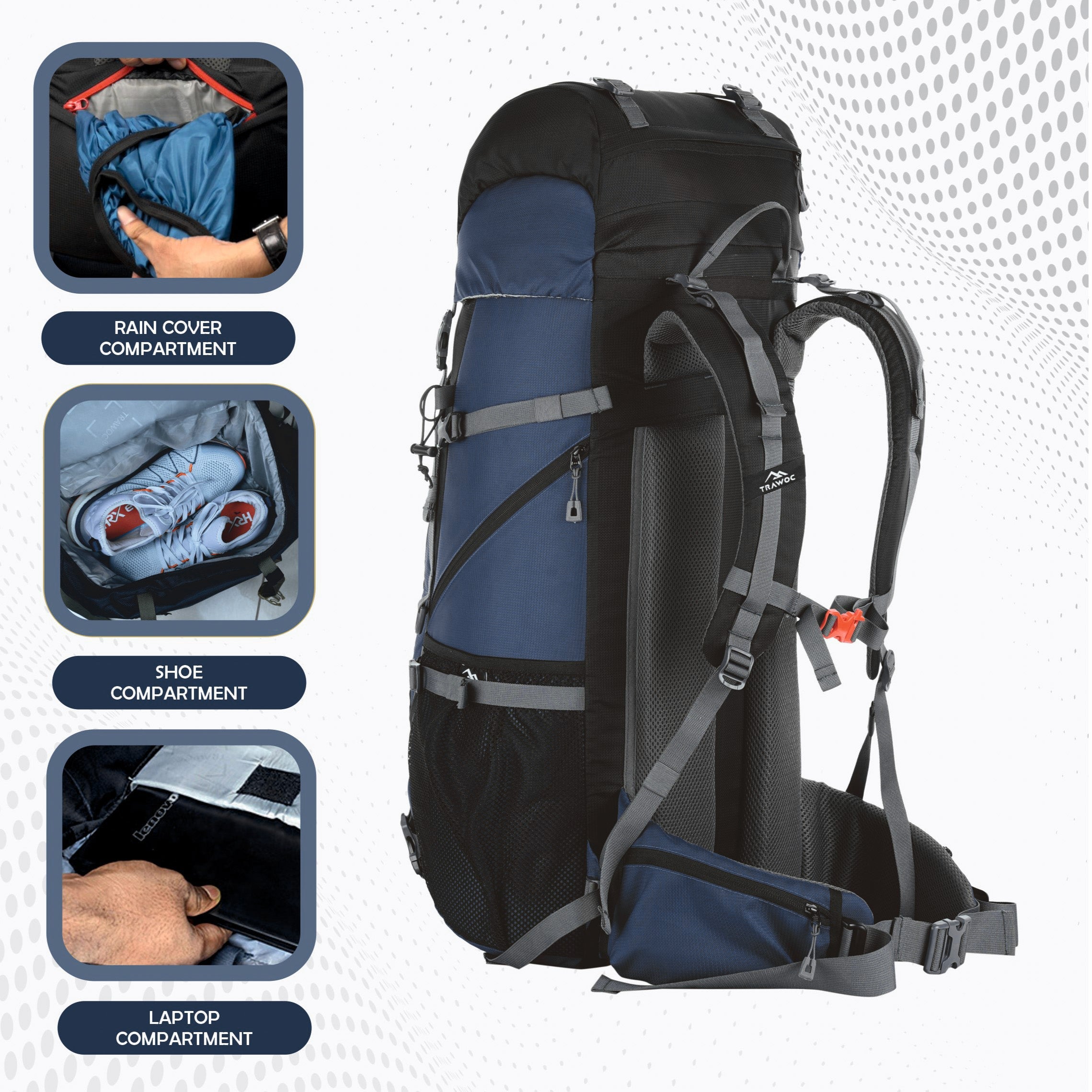 Venture Pro 65 L Travel Backpack with Rain Cover & with Laptop Compartment - Navy Blue
