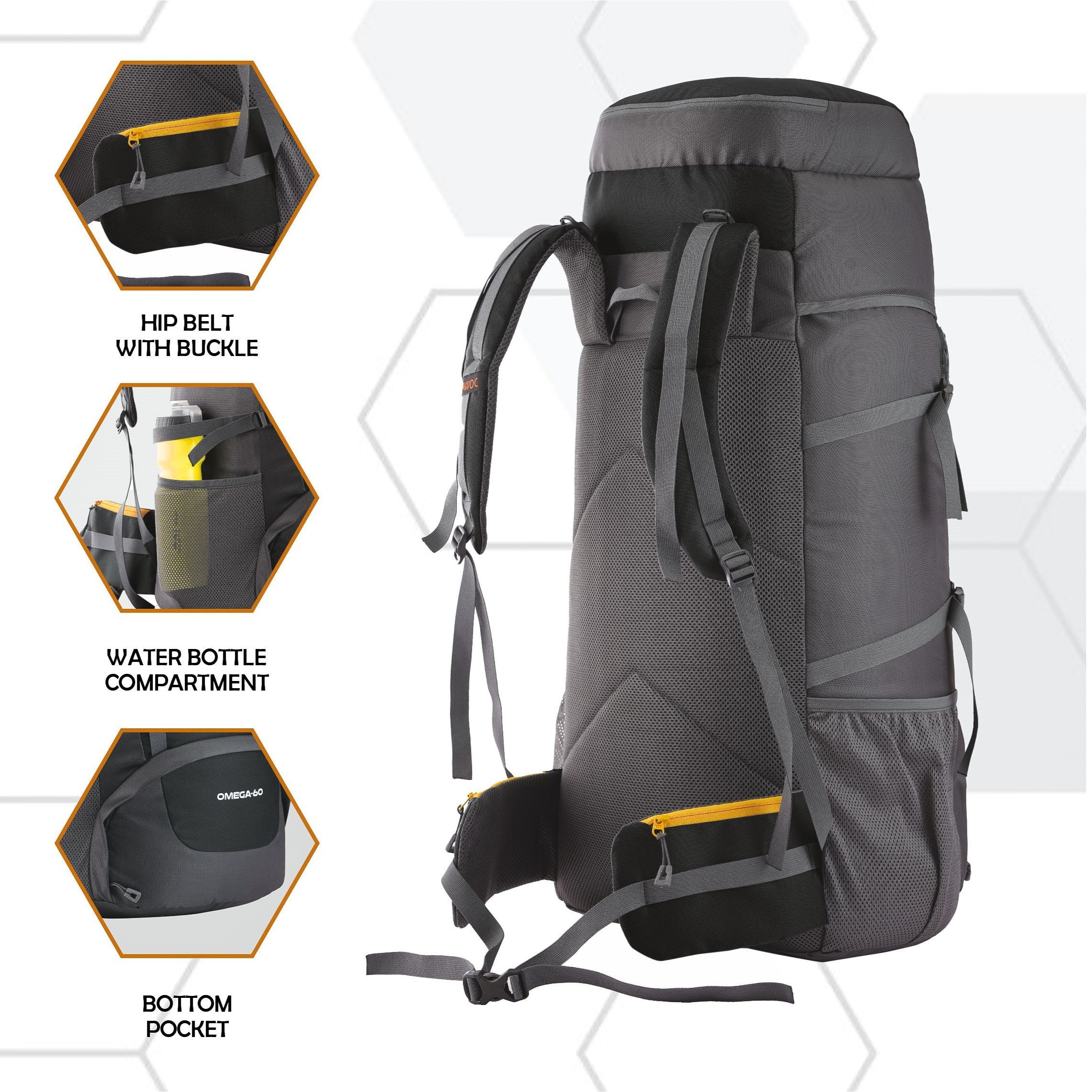 Omega 60 L Backpack with Lightweight Build & with Ergonomic Shoulder Strap - Black