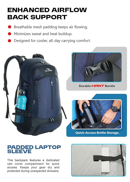 FALCON 40 l Travel Laptop Backpack for Men and Women with Rain Cover - Navy Blue