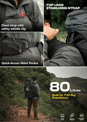 Wayfarer 80L Travel Backpack with Water-Resistant Fabric & Laptop Compartment – Grey