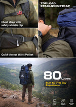 Wayfarer 80L Travel Backpack with Water-Resistant Fabric & Laptop Compartment - Navy Blue