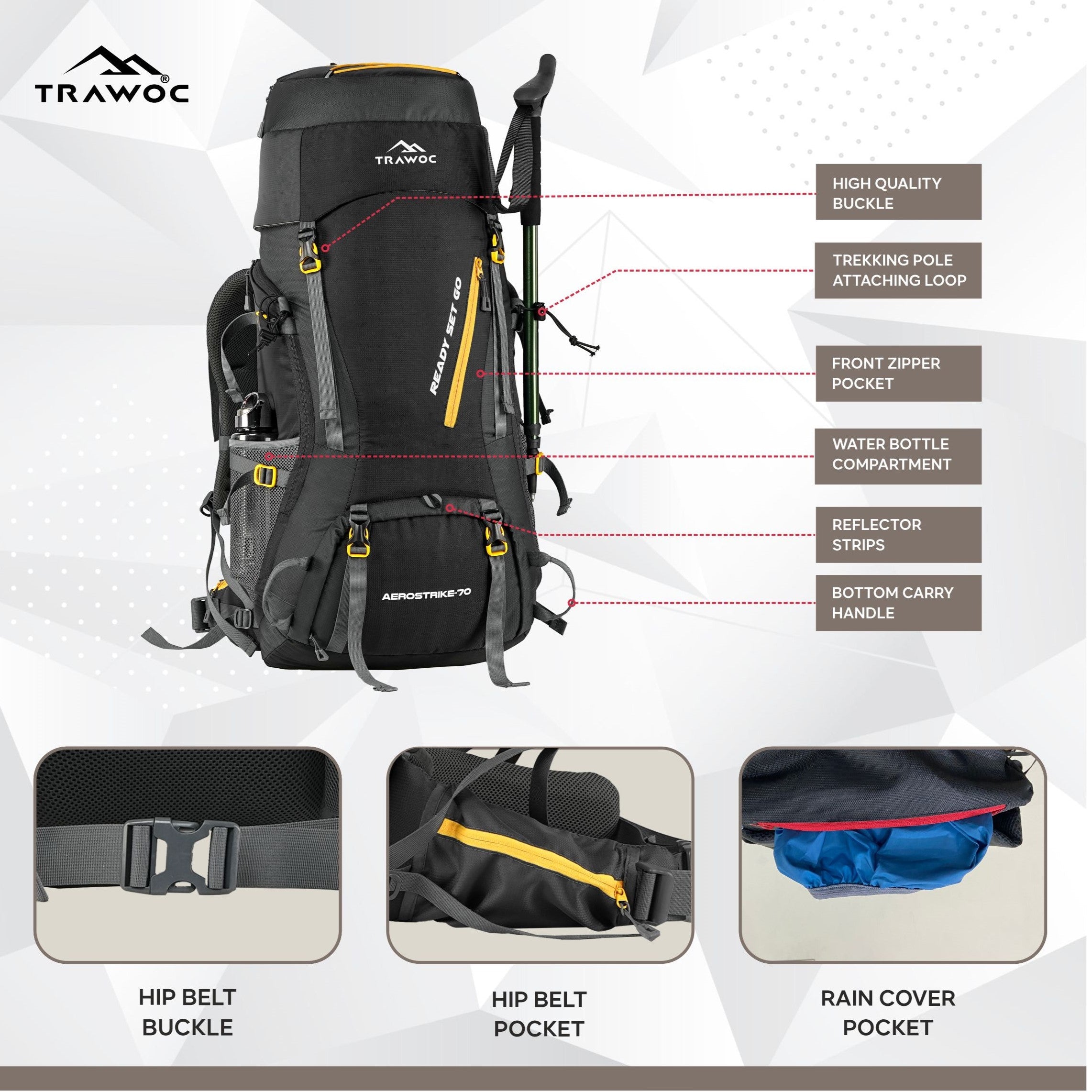 Aerostrike 70L Trekking Bag with Laptop Compartment & Rain Cover, ideal for Hiking - Black
