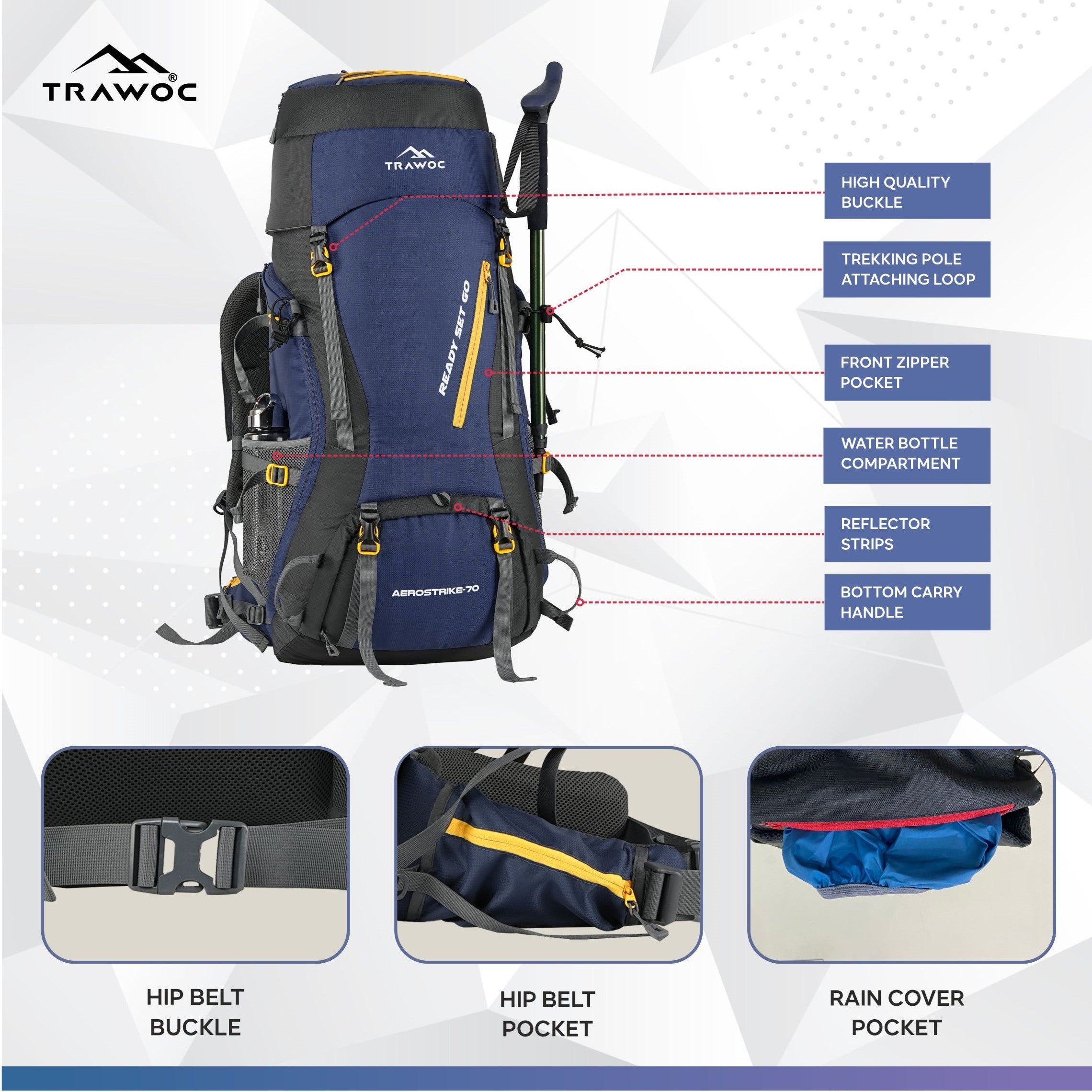 Aerostrike 70L Trekking Bag with Laptop Compartment & Rain Cover, ideal for Hiking - Navy Blue