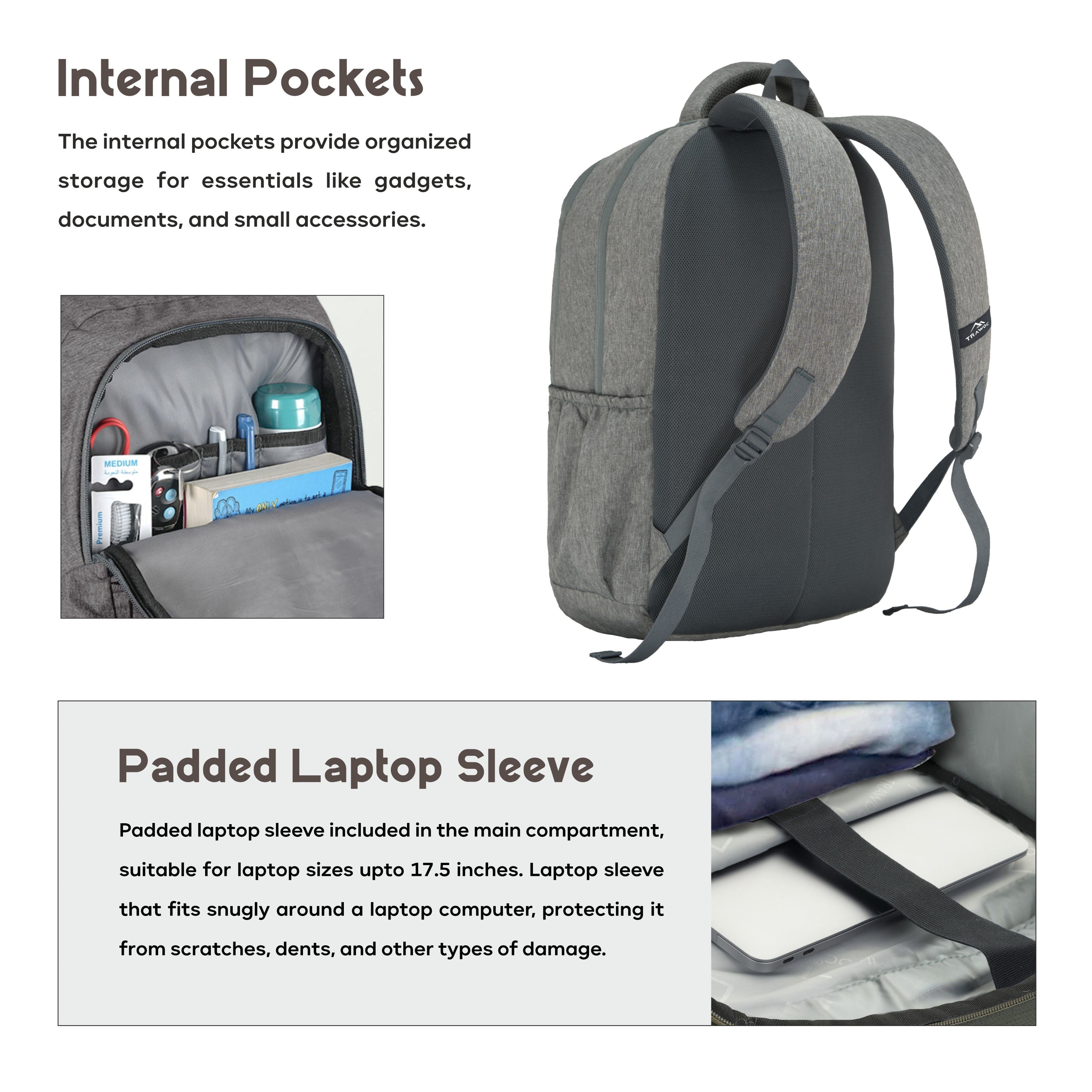 backpack laptop padding TPB04 30L Laptop Backpack-Ash Grey |Water Resistant, USB Charging Port, Padded Laptop Compartment