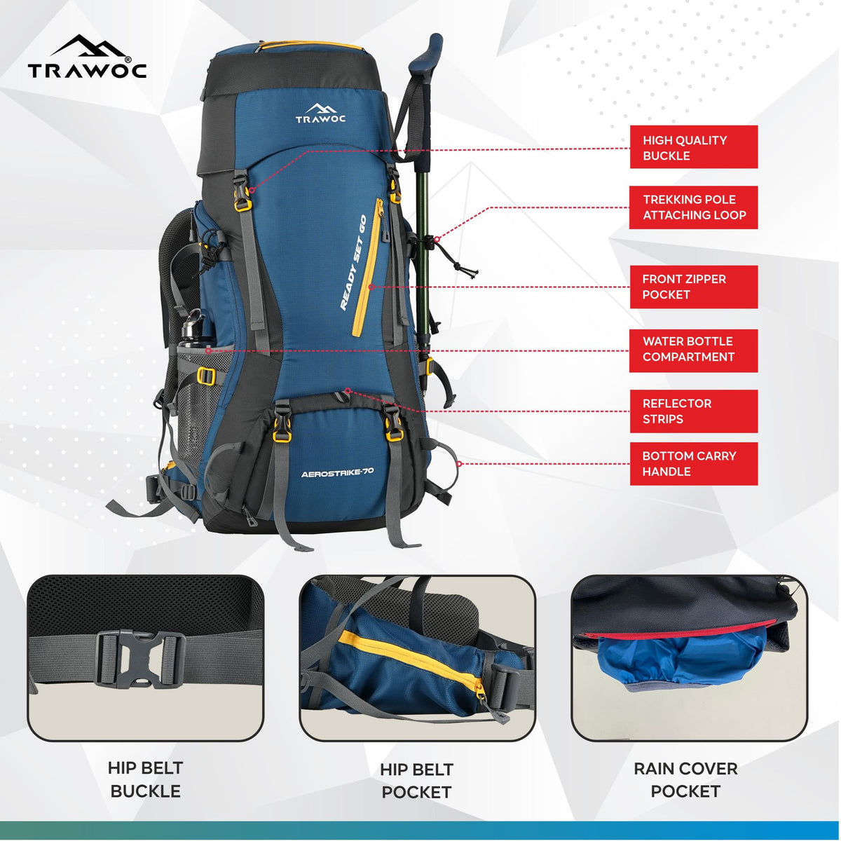 Aerostrike 70L Trekking Bag with Laptop Compartment & Rain Cover, ideal for Hiking - English Blue