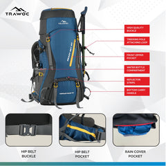 Aerostrike 70L Trekking Bag with Laptop Compartment & Rain Cover, ideal for Hiking - Englishblue