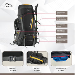 Aerostrike 70L Trekking Bag with Laptop Compartment & Rain Cover, ideal for Hiking - Black(clearance sale)