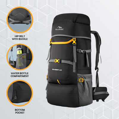 EMBER 60 L Travel Backpack Hiking Trekking Bag for Men & Women - Black