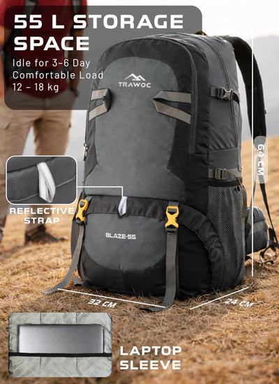 BLAZE 55 L Travel Backpack Daypack for Camping Hiking Trekking - Grey