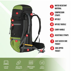 GRITMAX 55 L  Front & Top Open Backpack for Hiking Trekking  Bag for Men & Women with Rain Cover-Green