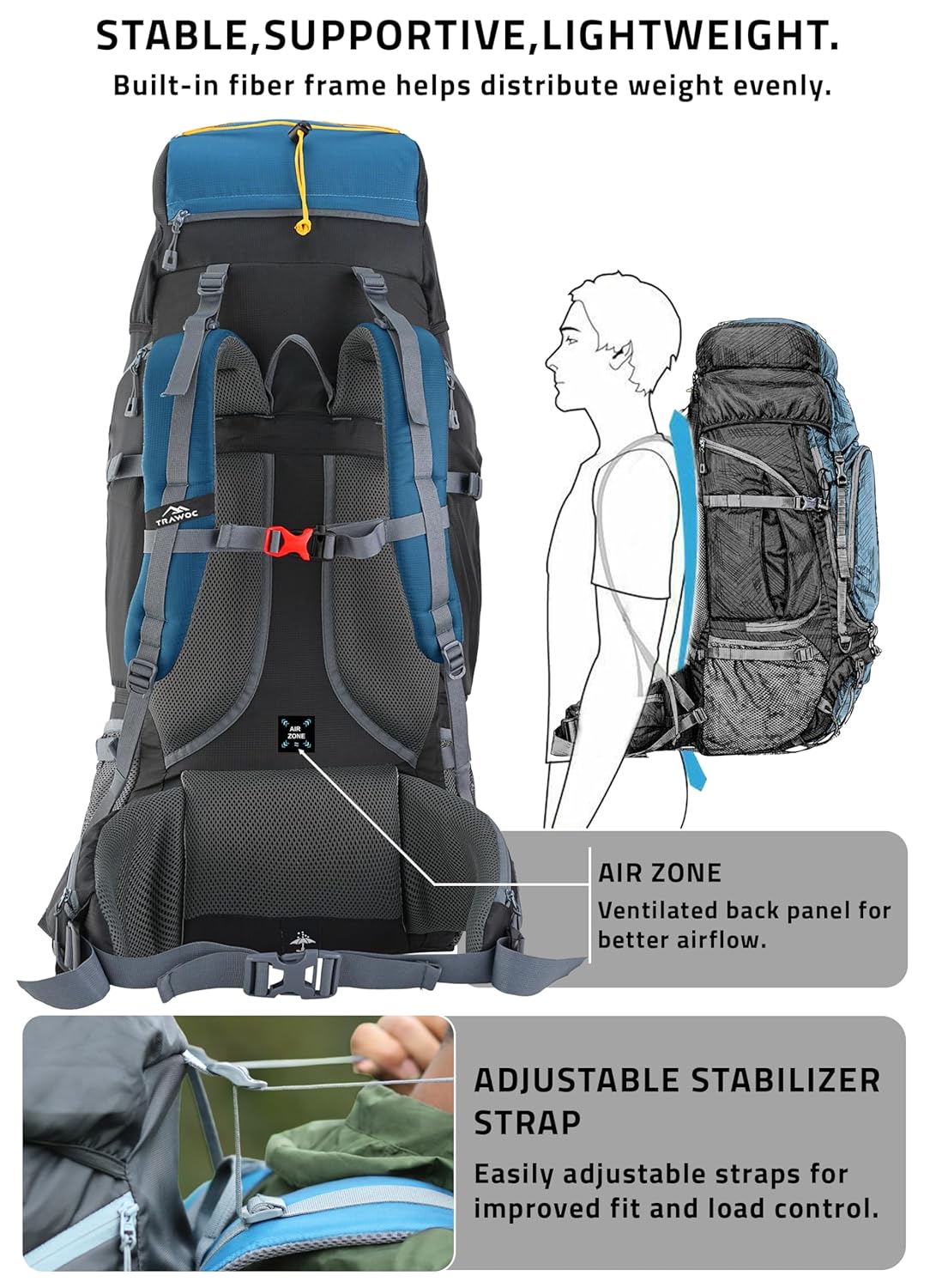 Valor Max 75 L Backpack with Ergonomic Shoulder Straps & Shoe Compartment-English Blue