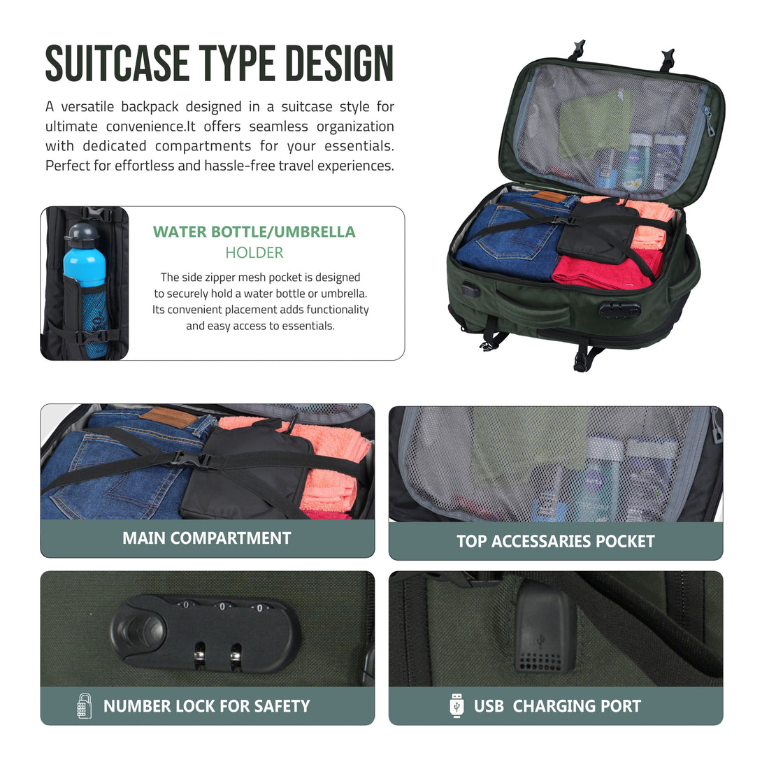 TPB01- 45L Laptop Bag  with Anti-Theft Lock, Expandable Storage, USB Charging, Suitcase-Style Opening - Huntre green