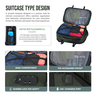 TPB01- 45L Laptop Bag  with Anti-Theft Lock, Expandable Storage, USB Charging, Suitcase-Style Opening - Huntre green