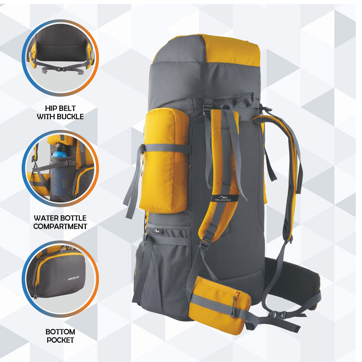 Vortex 60 L Travel Backpack with Laptop Compartment & Durable Zippers - Yellow