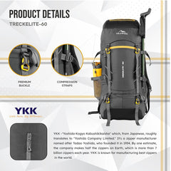 TREKELITE 60L  Backpack Hiking Trekking  Rucksack  with Water Proof Rain Cover - Black