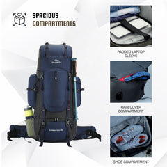 EXPEDITION 80L Rucksack with shoe compartment &  Rain Cover - Navyblue