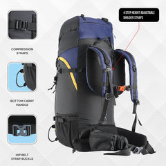 Skyranger 70 L Rucksack for Hiking & Travel with Ergonomic Shoulder Straps & Internal metal frame - NavyBlue