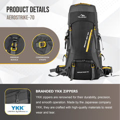 Aerostrike 70L Trekking Bag with Laptop Compartment & Rain Cover, ideal for Hiking - Black