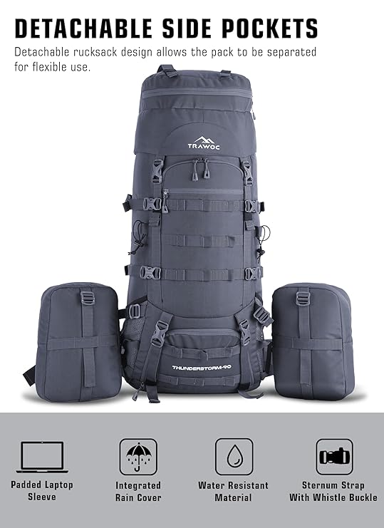 Thunderstorm 90L Rucksack for Men & Women with Shoe Compartment & Water-Resistant Fabric - Grey