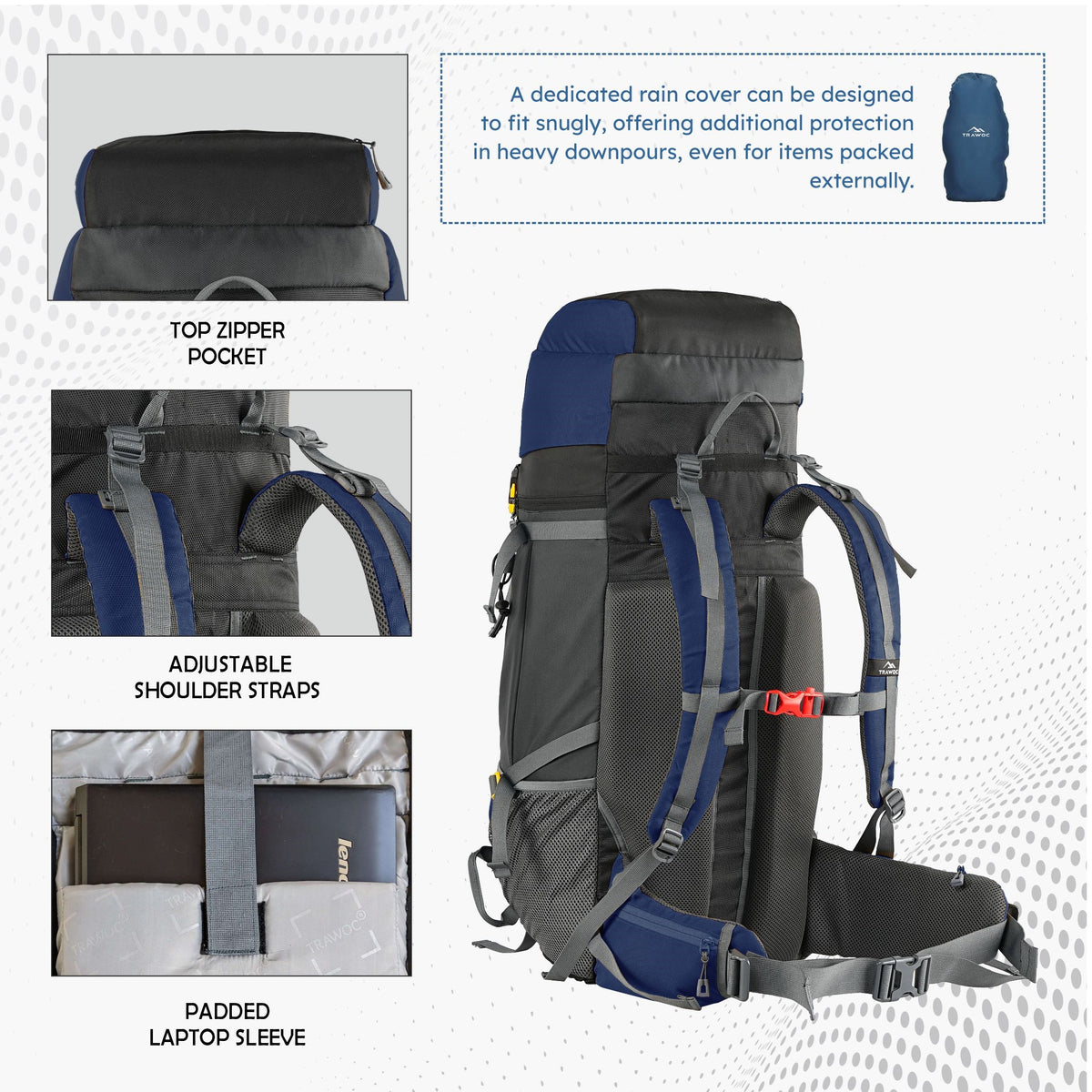 Terrabound 60 L Rucksack featuring Shoe Compartment & Durable Zippers - Navy Blue