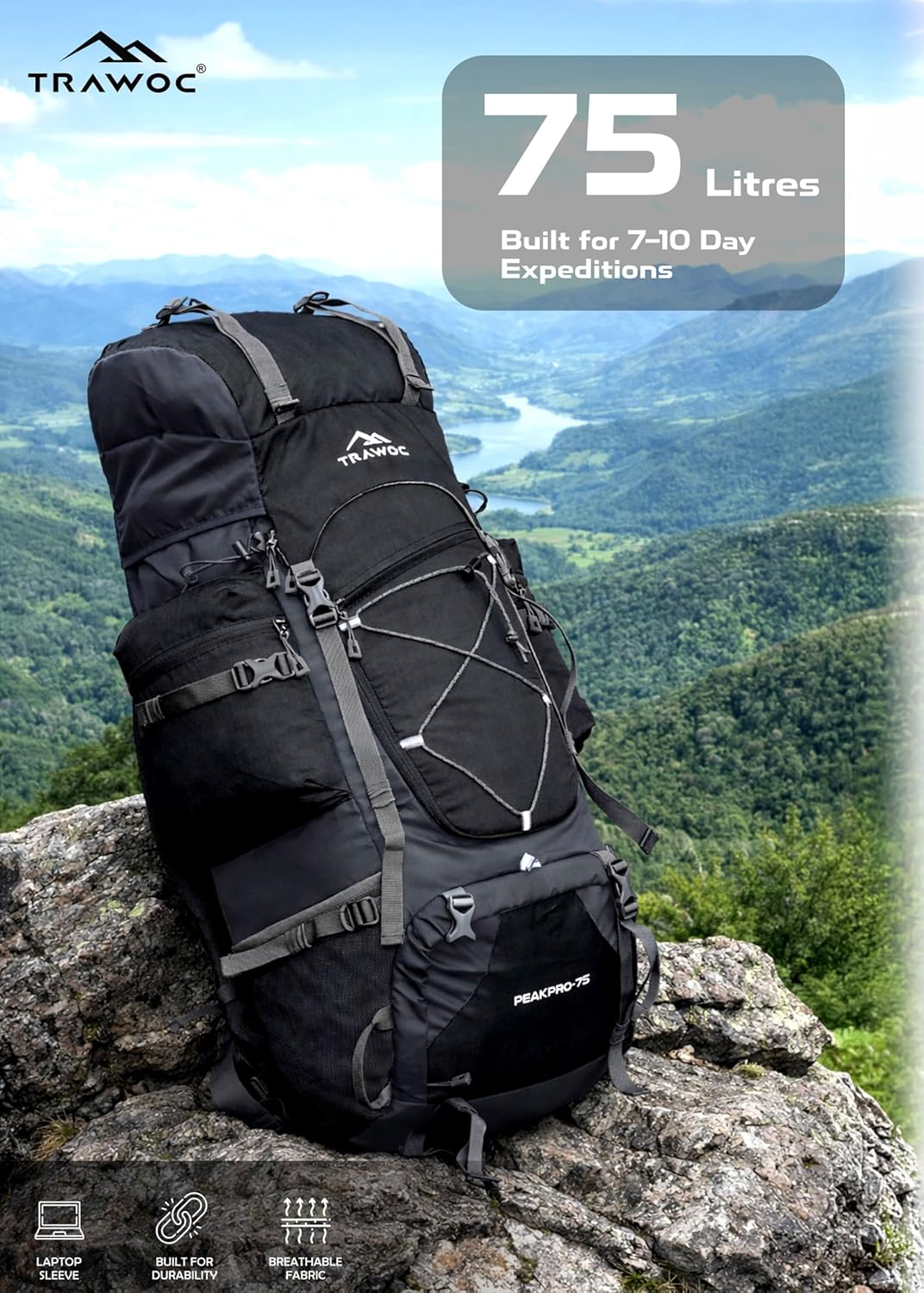 Peakpro 75 L Backpack featuring Laptop Compartment & with Shoe Compartment - Black