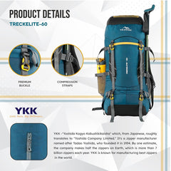 TREKELITE 60L  Backpack Hiking Trekking  Rucksack  with Water Proof Rain Cover - EnglishBlue