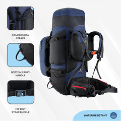 Globetrotter 80 L Trekking Bag with Rain Cover, Shoe section & internal metal frame - Navyblue