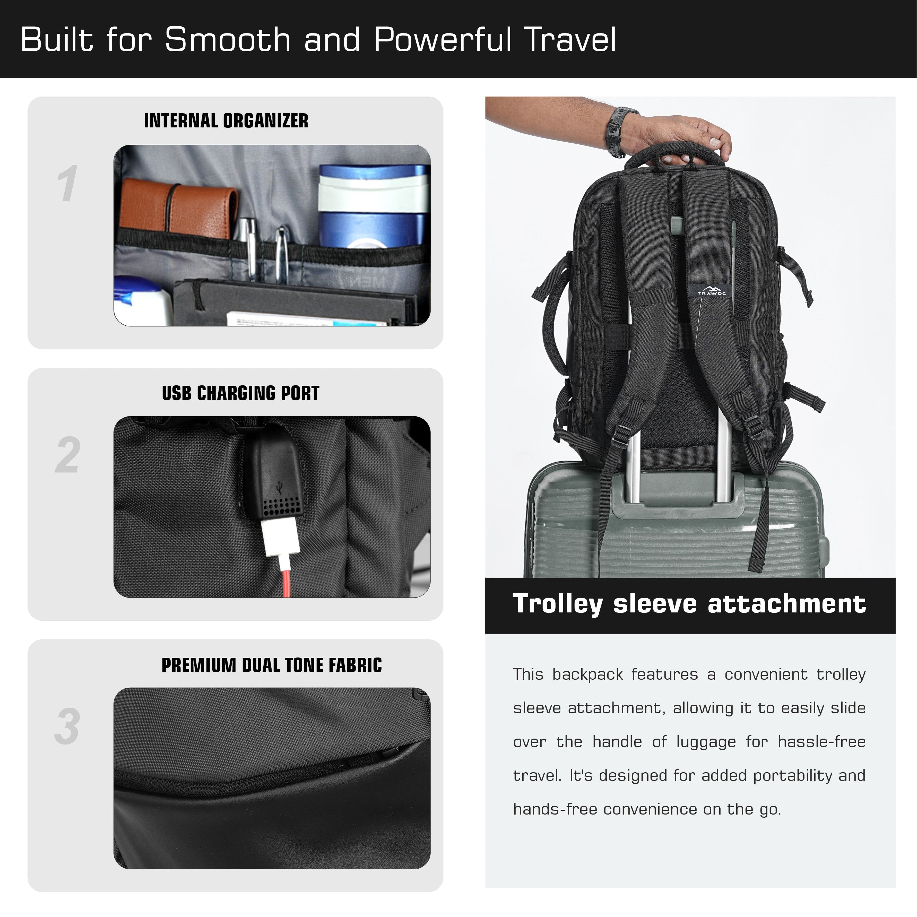 TPB02 - 25L Laptop Backpack with USB Charging Port for Men & Women - Black